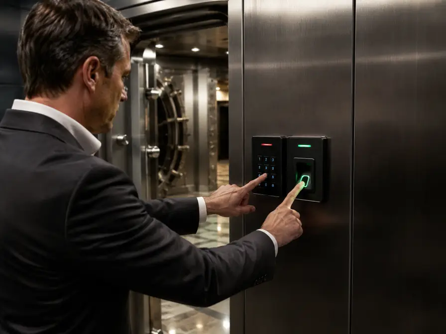 Client using fingerprint and PIN access controls at the vault entrance