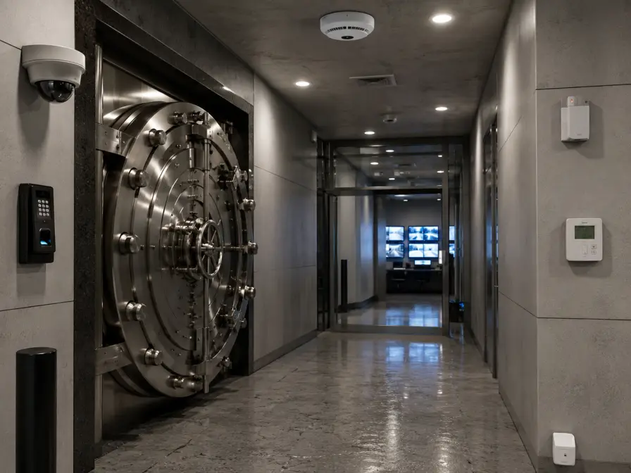 Vault corridor with security cameras, smoke detection and wall-mounted sensors