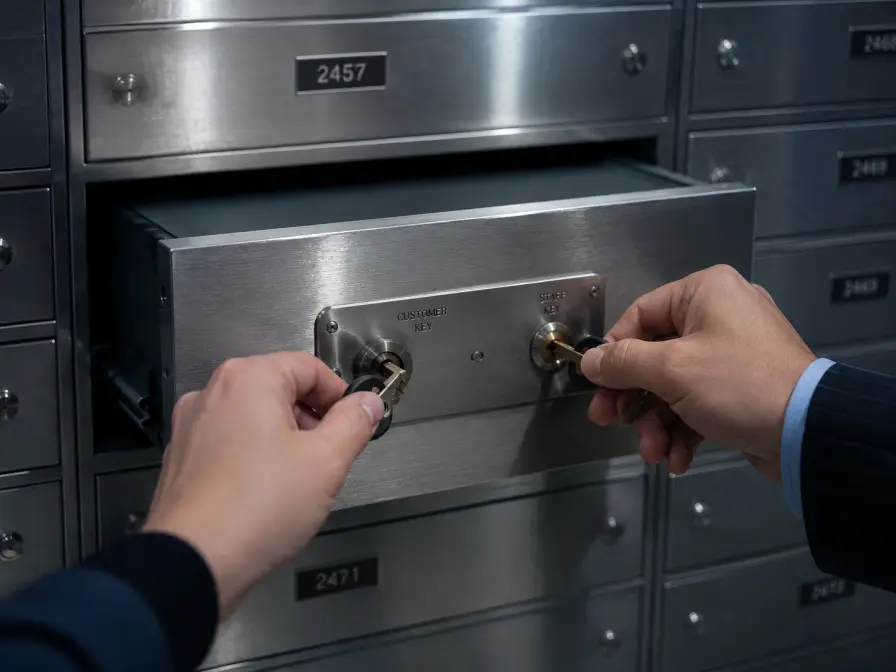 Two keys opening a safe deposit box with customer and staff locks