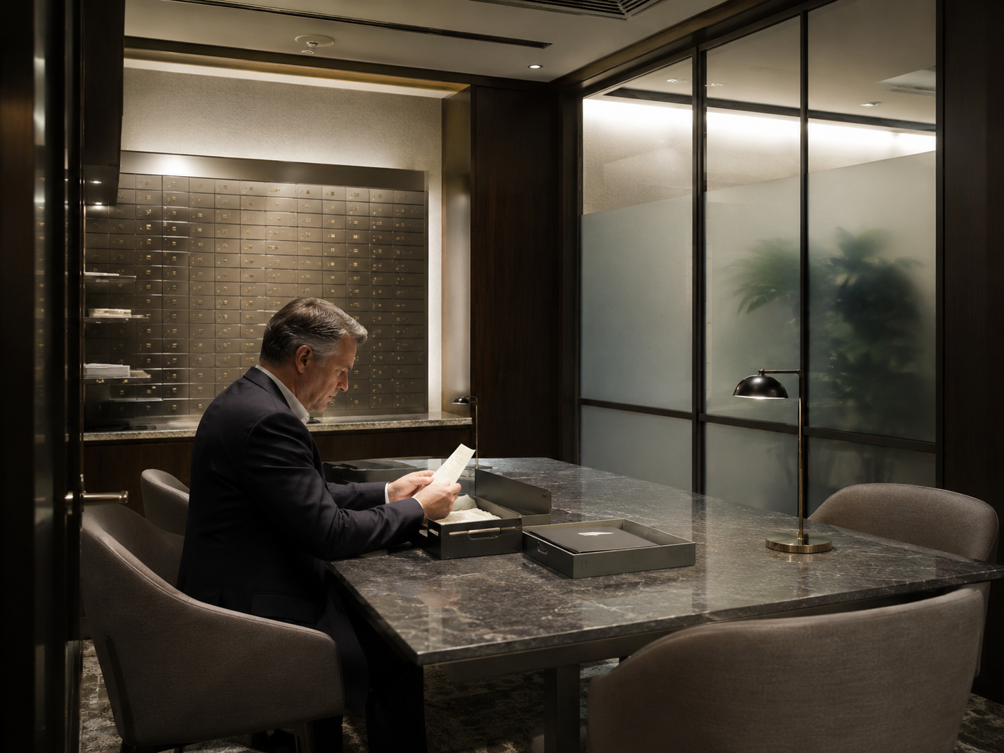 Private viewing room with a client reviewing documents beside safe deposit boxes