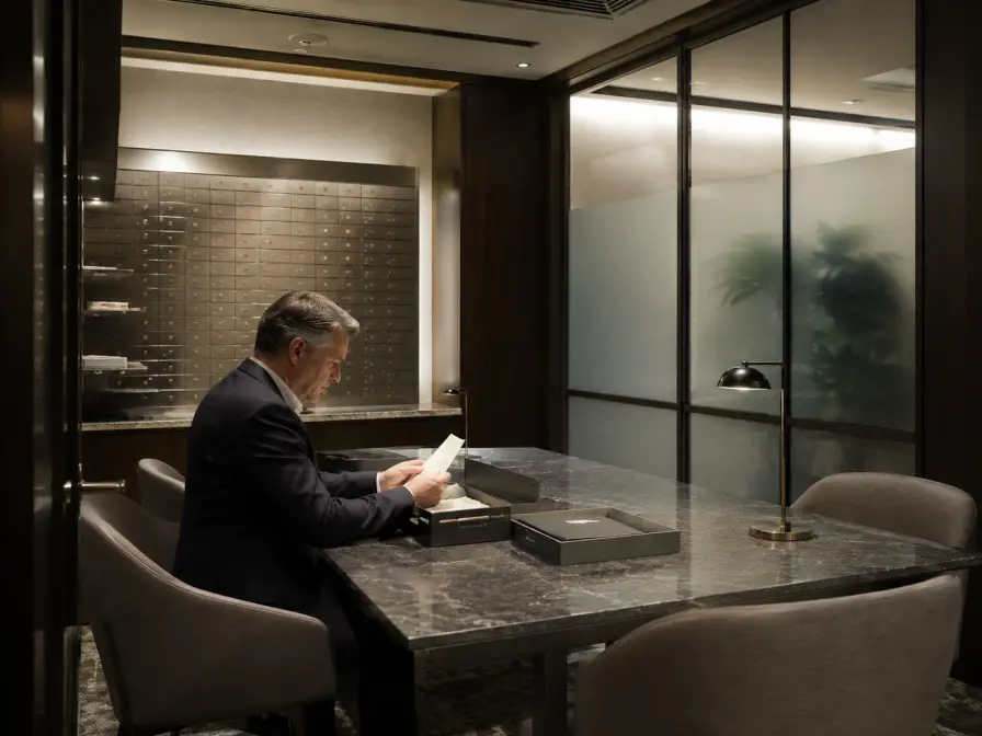 Private viewing room with a client reviewing documents beside safe deposit boxes