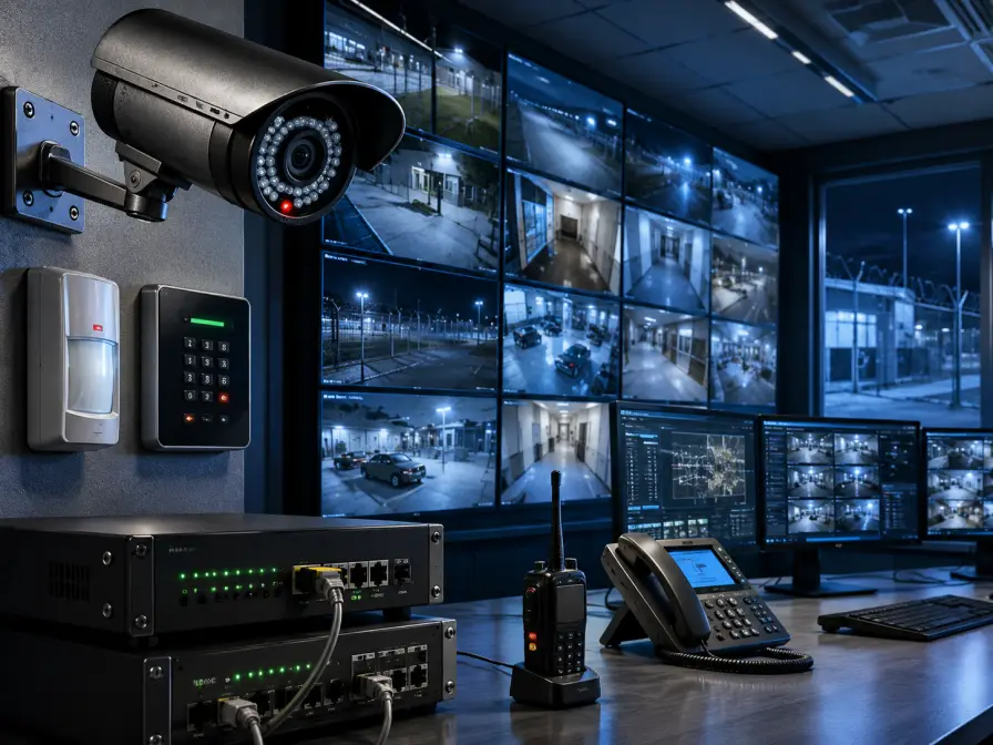 CCTV monitoring room with security cameras, screens and alarm equipment